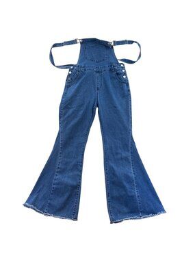 Unbranded Womens Bib Denim Overall Size Large Blue Flare Leg Frayed Hem Button